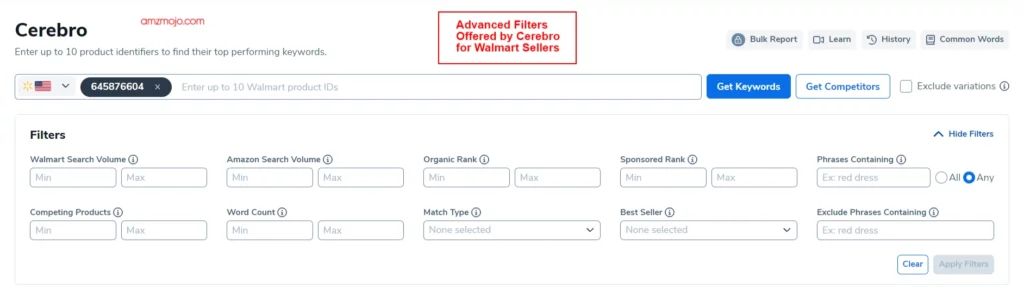 Advanced Filters offered by Cerebro for Walmart Sellers