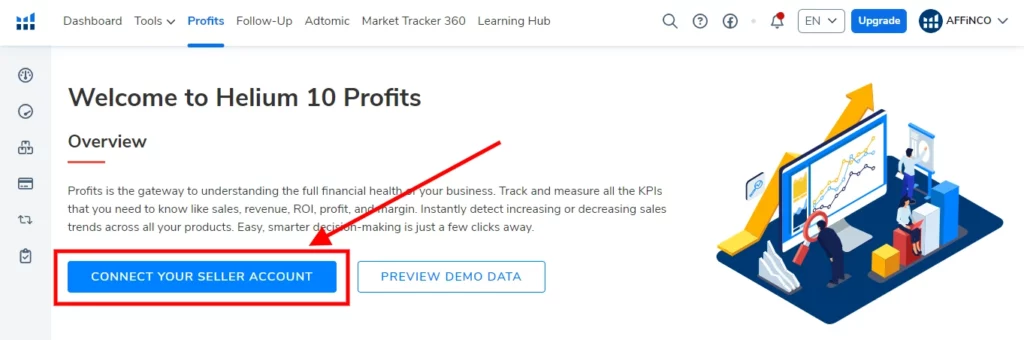 Connect sellers account to helium 10 profits for amazon