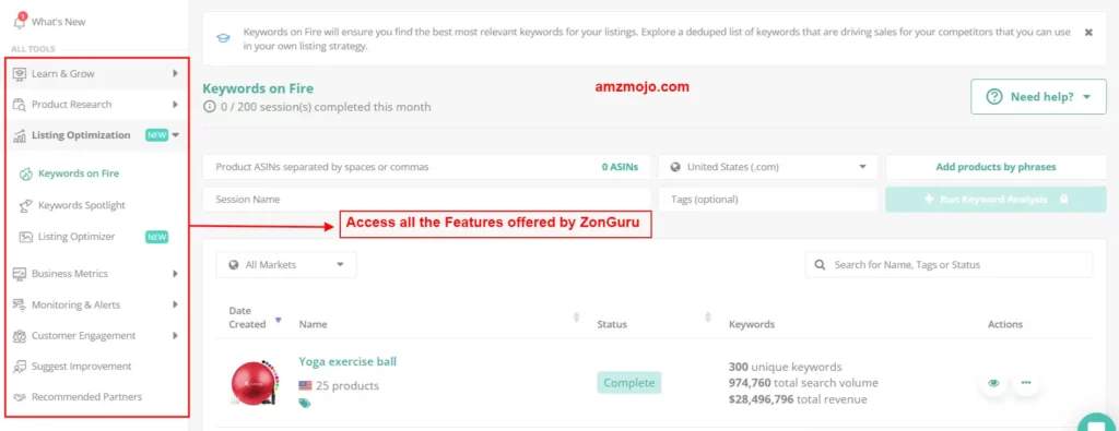 Features of ZonGuru Keywords on Fire