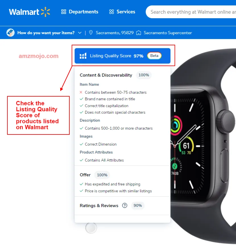 Listing quality score of Products listed on Walmart