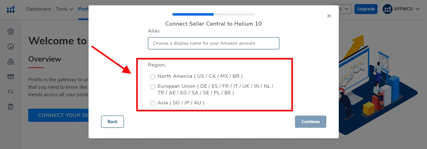 select region for Amazon seller central to helium 10